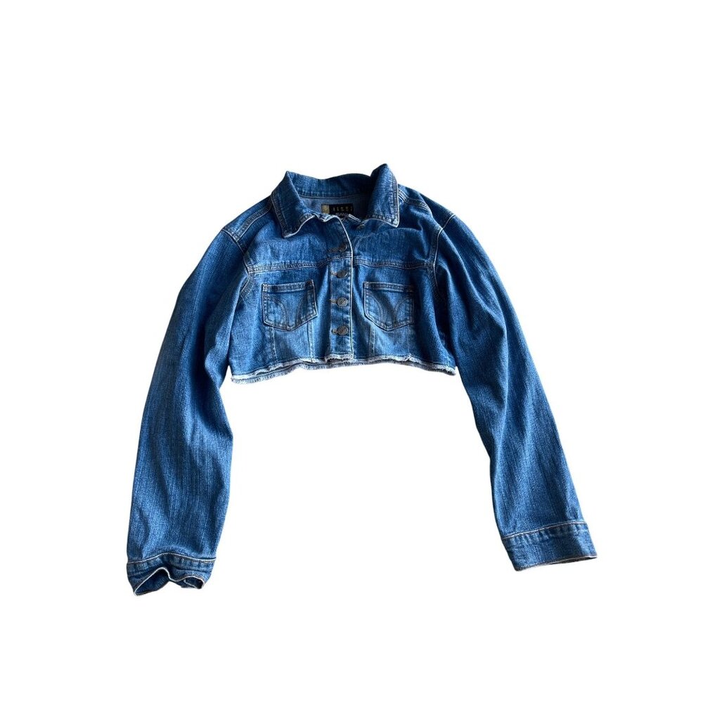 VTG Miss Jeans Womens Juniors Size M Wash Cropped Denim Jacket Raw Hem Blue